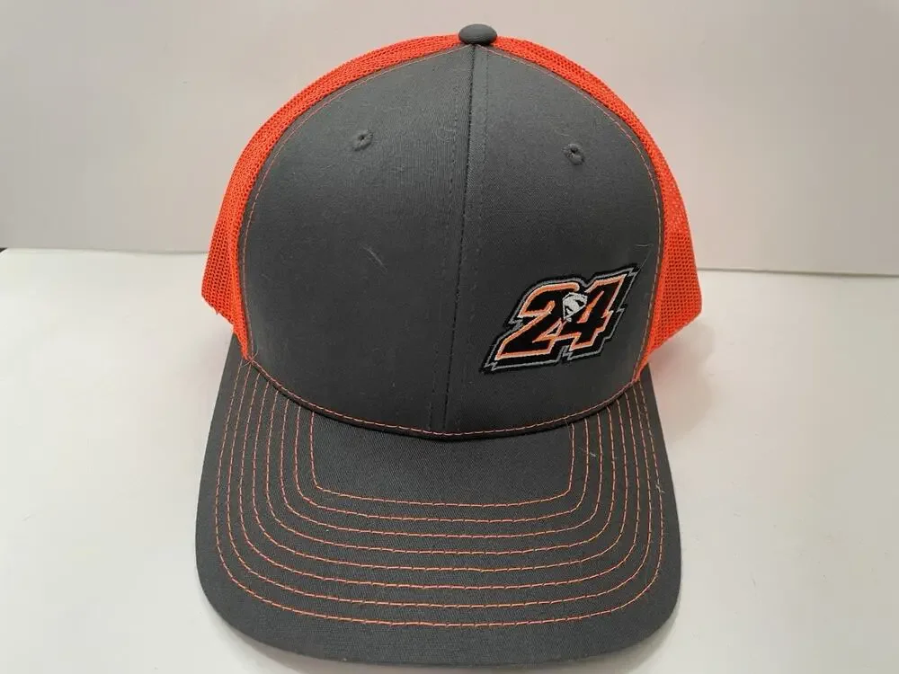 Richardson 112 Trucker SnapBack Hat Gray Orange Mesh #24 Racing Embroidered Cap
